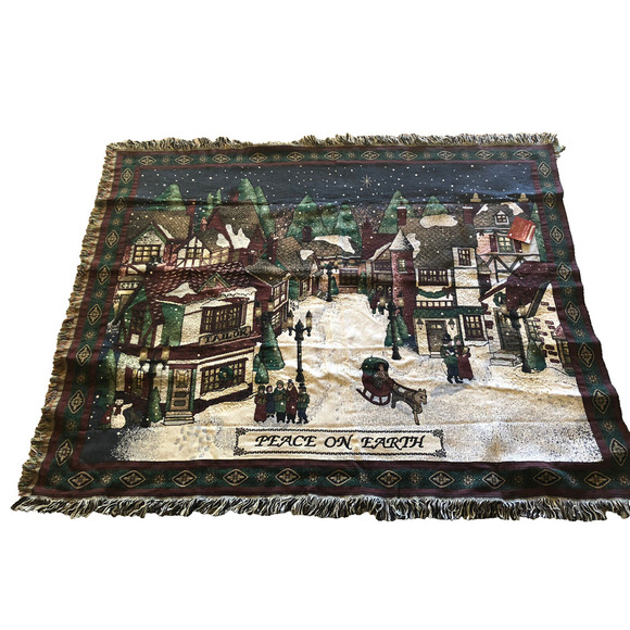 Peace On Earth Christmas Tapestry Throw Blanket NEW Victorian Village Cotton 74" - Picture 2 of 12